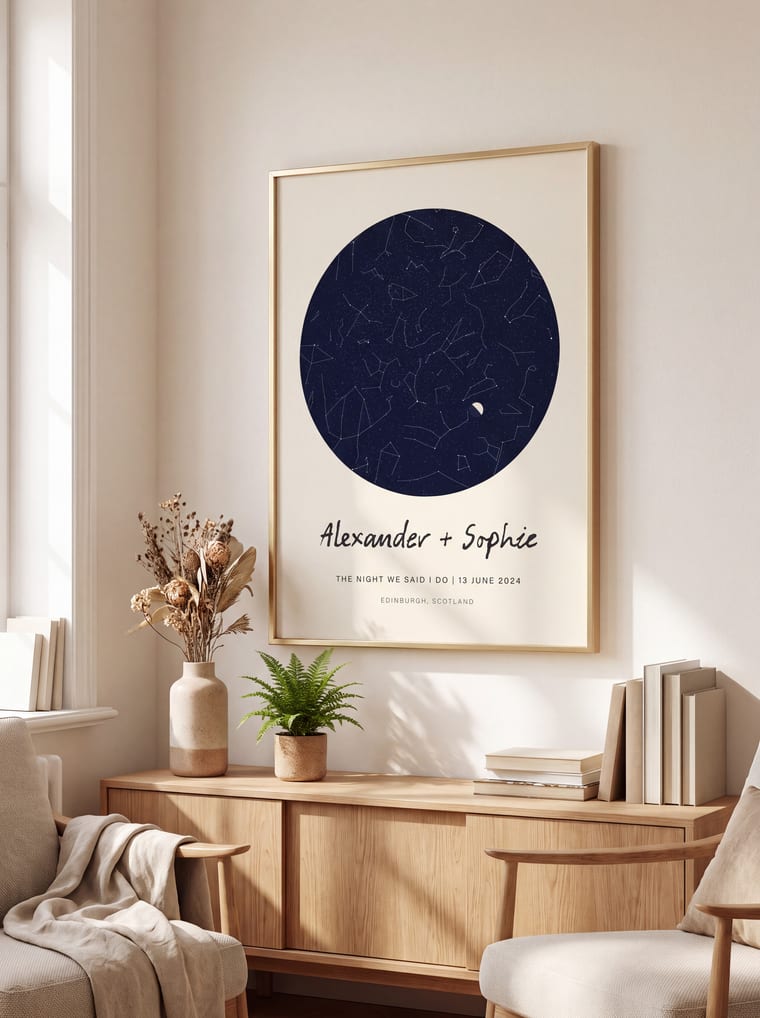 A sugarteddy poster on a wall — a wedding sky, over the desk