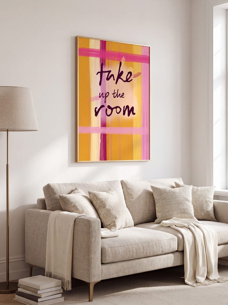 A sugarteddy poster on a wall — over the sofa